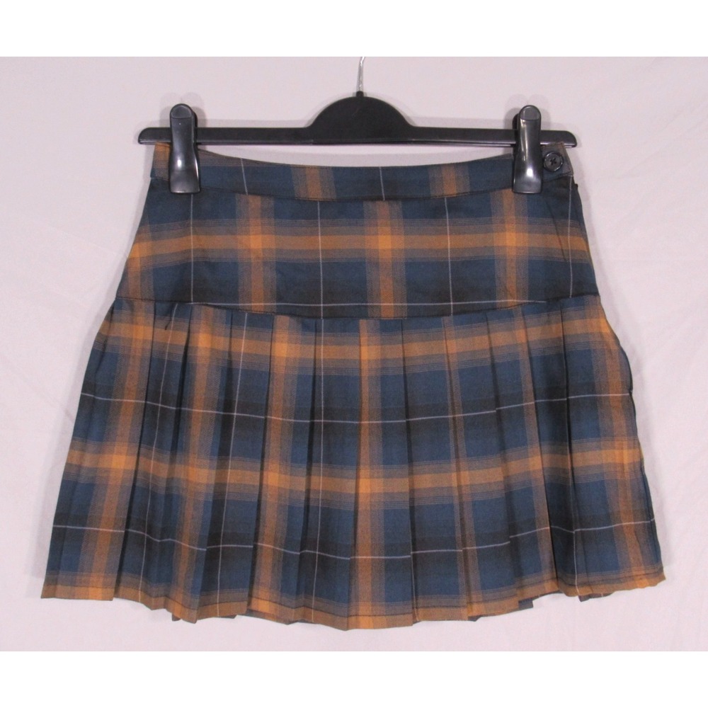 DICKIES Navy/Brown PLAID Pleated BUTTON/ZIP SIDE Preppy School MINI SKIRT Sz 9